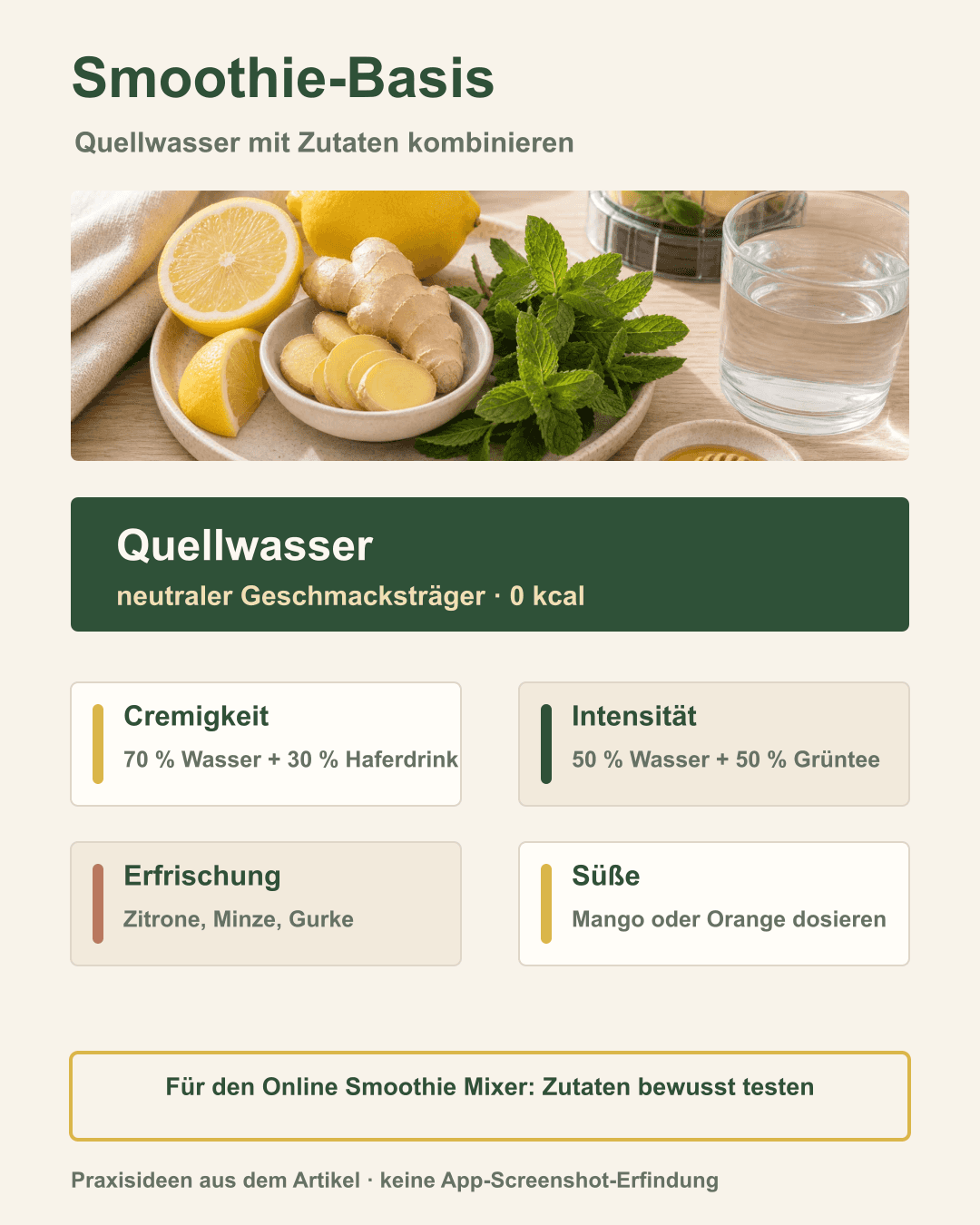 Zutatenvielfalt im Online Smoothie Mixer Auswahl an Smoothie-Zutaten mit Quellwasser im Mittelpunkt