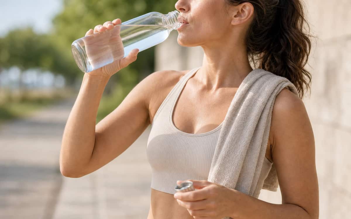 Quellwasser als natürlicher Durstlöscher für Sportler Junge Frau trinkt aus Glasflasche nach dem Training