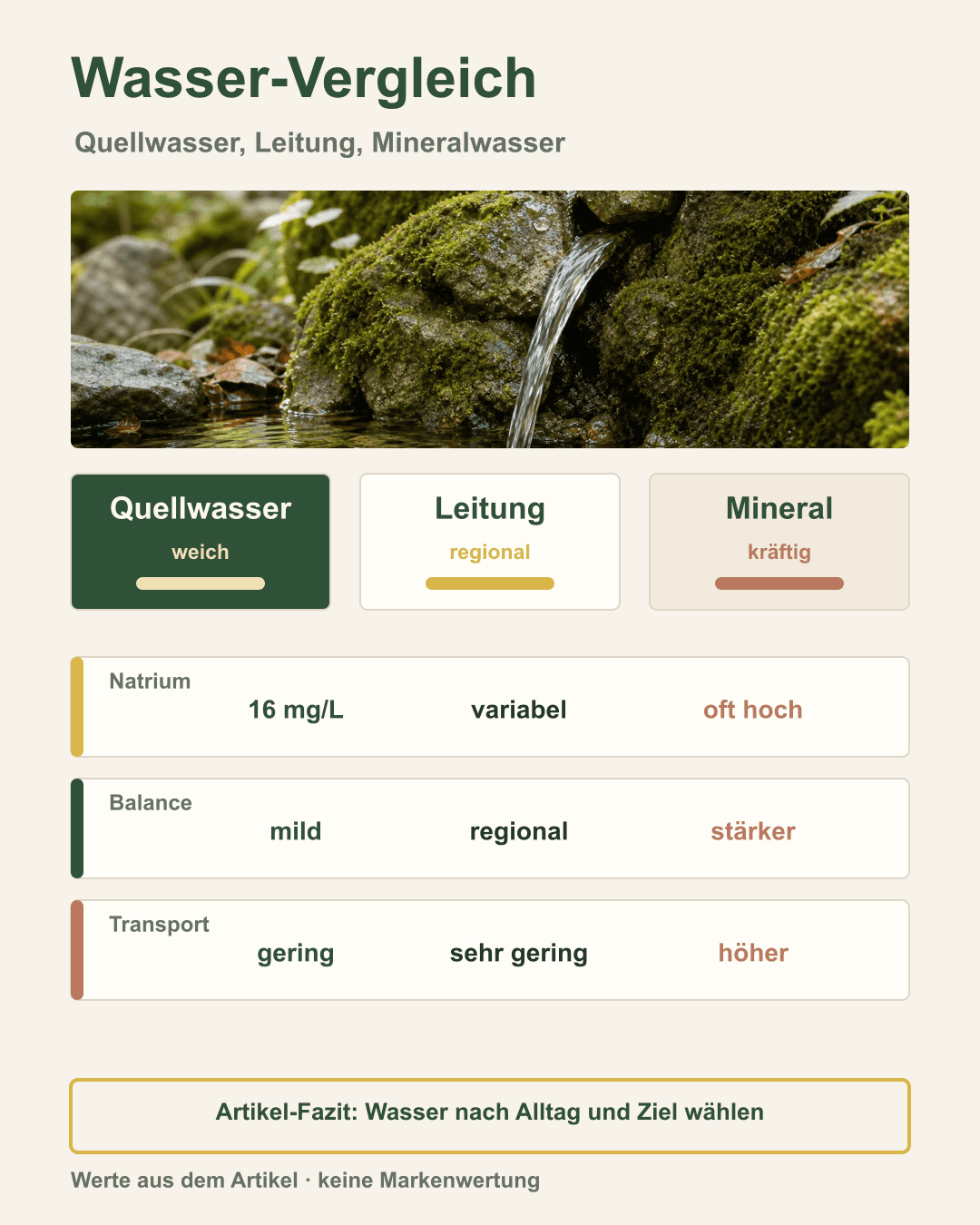 Vergleich von drei Wasserarten Drei Wassergläser mit Beschriftung: Quellwasser, Leitungswasser, Mineralwasser