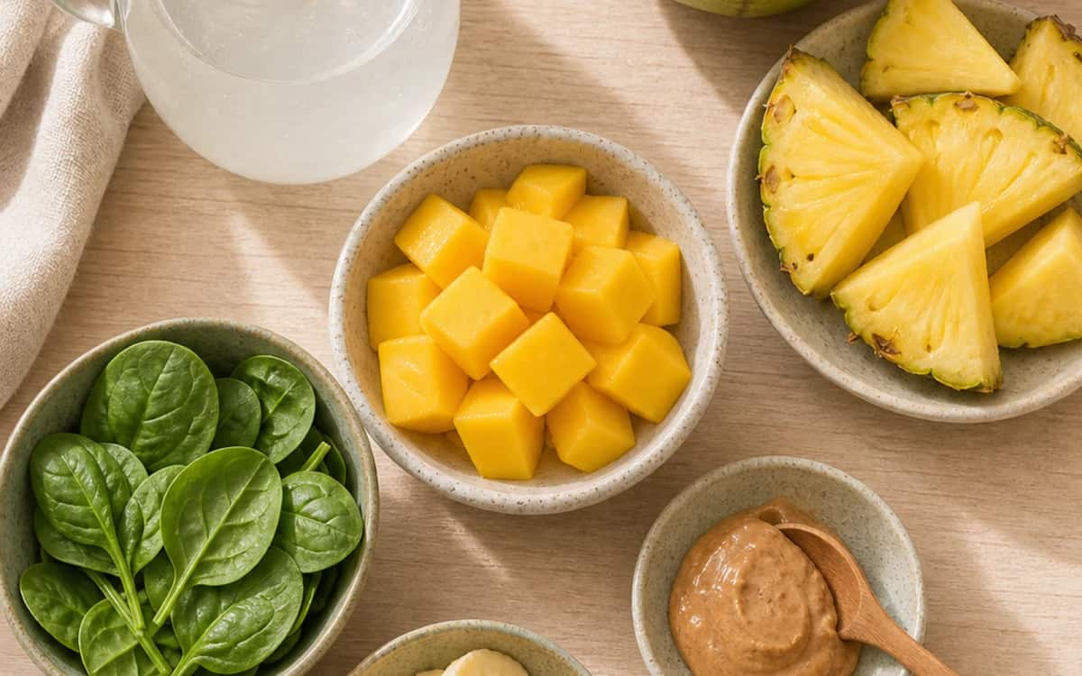 Frische Zutaten für den Tropenrausch-Smoothie Smoothie- und Zutatenbild zu Frische Zutaten für den Tropenrausch-Smoothie