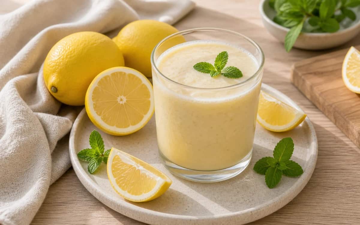 Immun-Smoothie mit frischen Zutaten auf rustikalem Holztisch Smoothie- und Zutatenbild zu Immun-Smoothie mit frischen Zutaten auf rustikalem Holztisch