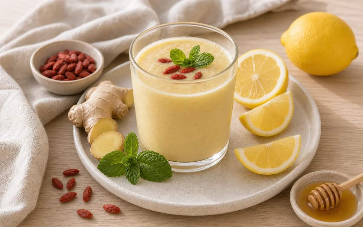 Bio-Zutaten des Immun-Smoothies auf einen Blick Smoothie- und Zutatenbild zu Bio-Zutaten des Immun-Smoothies auf einen Blick