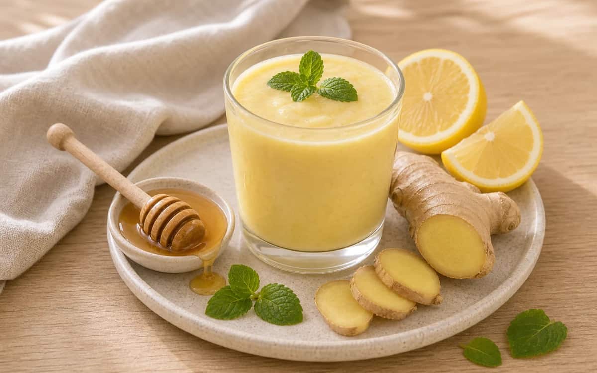 Immunstarker Smoothie aus natürlichen Zutaten Smoothie- und Zutatenbild zu Immunstarker Smoothie aus natürlichen Zutaten
