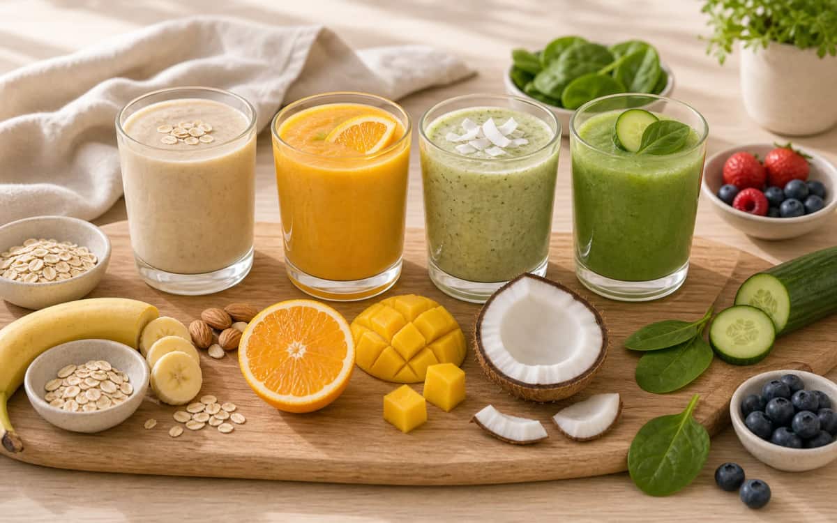 Vier Stufen für dein individuelles Fastenziel Smoothies mit verschiedenen Zutaten je nach Kalorienlevel