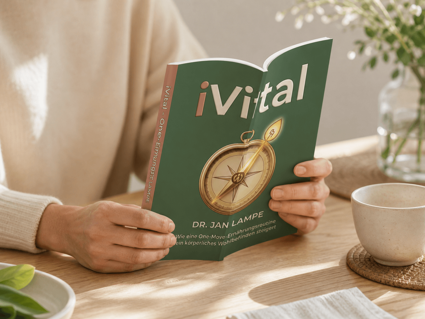 Grünes iVital Buch in einer ruhigen Lesesituation am Tisch