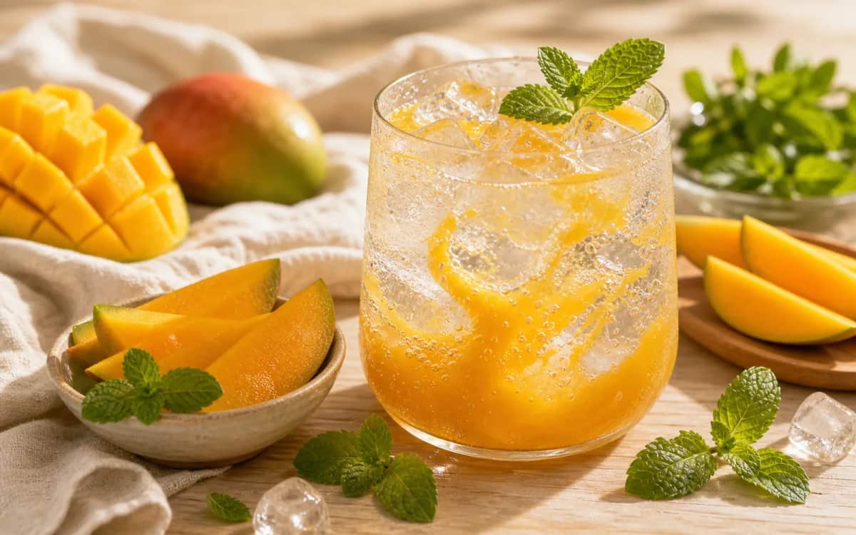 Mango-Sorbet mit Dekor aus frischer Mango und Zitronenverbene Smoothie- und Zutatenbild zu Mango-Sorbet mit Dekor aus frischer Mango und Zitronenverbene