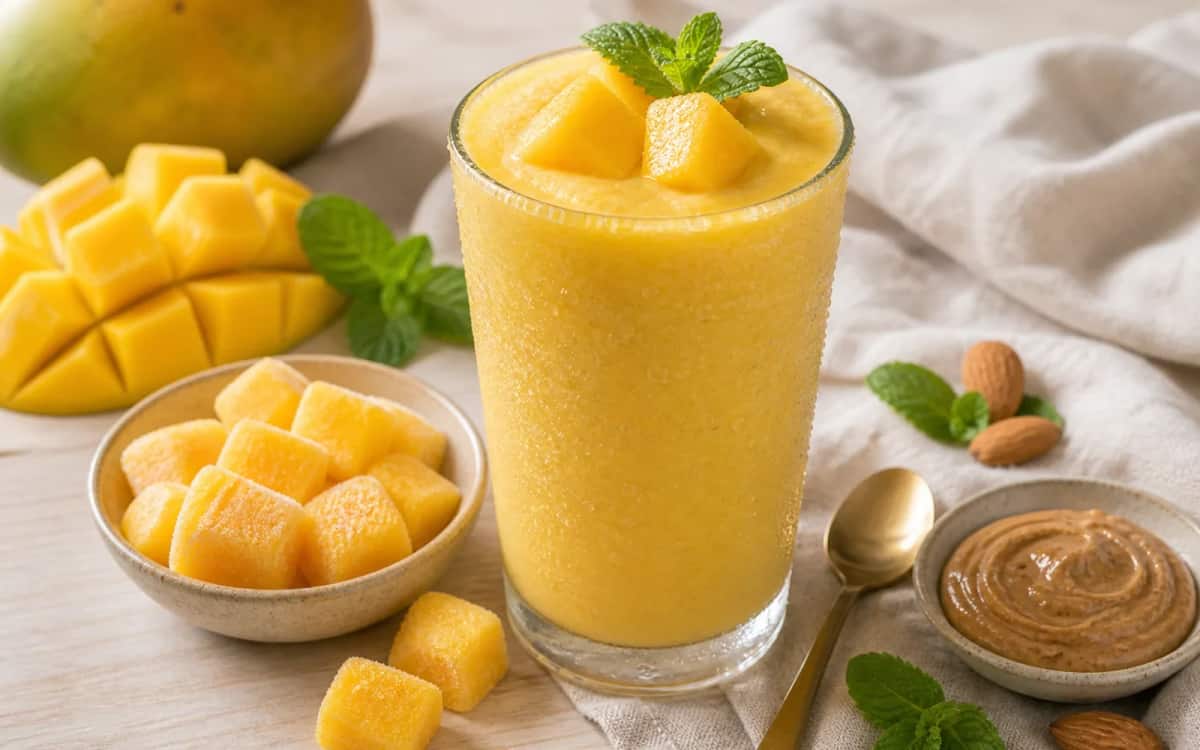 Drei kreative Präsentationen des Mango Drinks Smoothie- und Zutatenbild zu Drei kreative Präsentationen des Mango Drinks