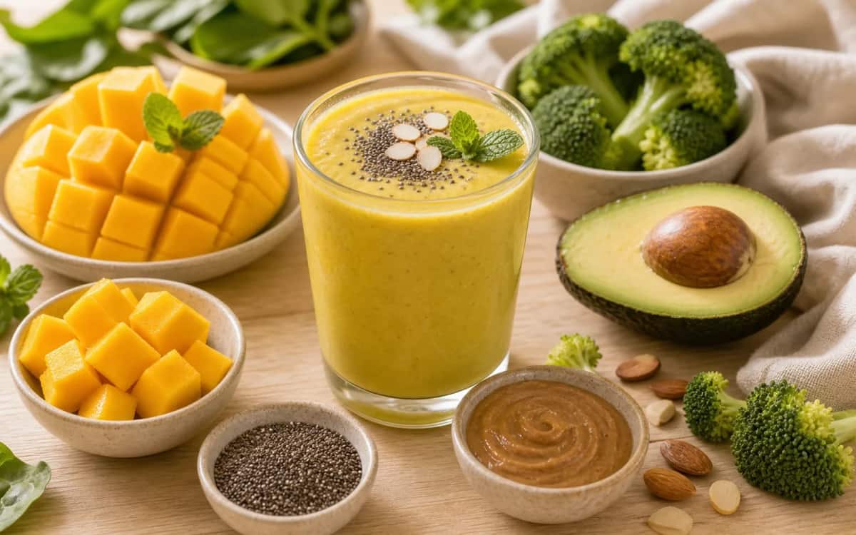 Zutatenstillleben mit Mango, Haferflocken und Mandelmus Smoothie- und Zutatenbild zu Zutatenstillleben mit Mango, Haferflocken und Mandelmus