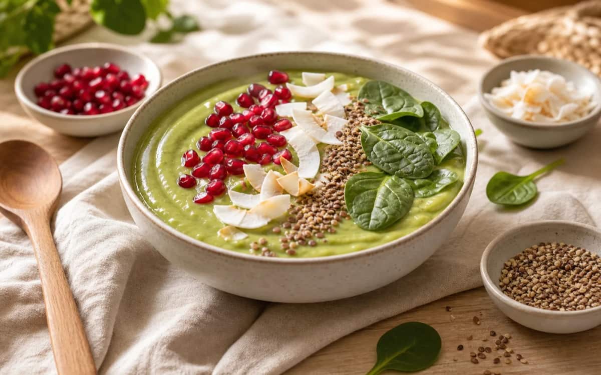 Mango Smoothie als kreative Basis für eine proteinreiche Bowl Smoothie- und Zutatenbild zu Mango Smoothie als kreative Basis für eine proteinreiche Bowl