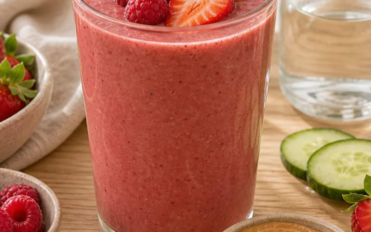 Cremiger Smoothie aus Erdbeeren und Mandelmus – kalorienarmer Protein-Drink Smoothie- und Zutatenbild zu Cremiger Smoothie aus Erdbeeren und Mandelmus – kalorienarmer Protein-Drink