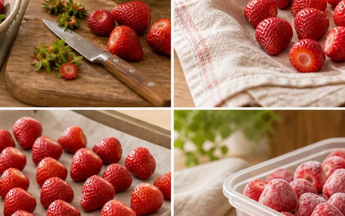 Frische Zutaten für den Erdbeer Smoothie im Mixer Smoothie- und Zutatenbild zu Frische Zutaten für den Erdbeer Smoothie im Mixer