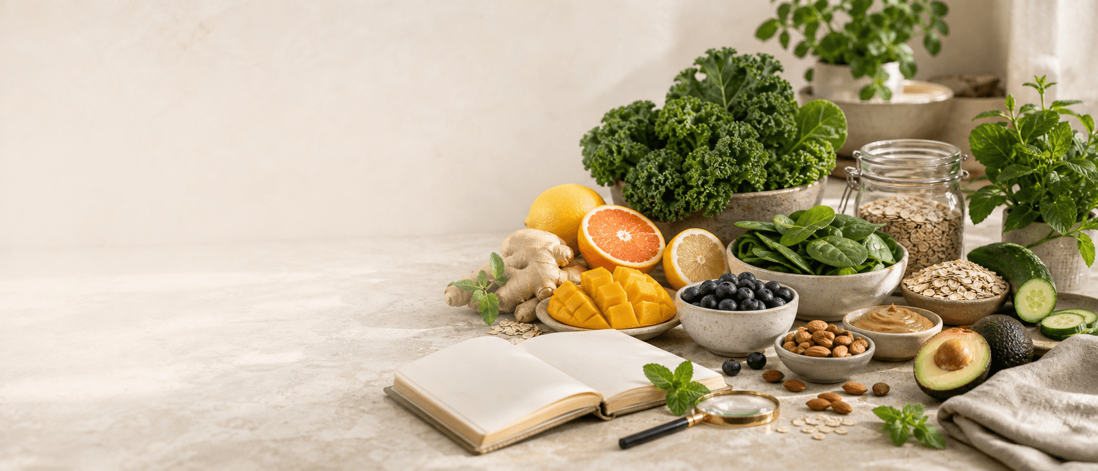 Frische Bio-Zutaten und Nährwertnotizen für Smoothies auf hellem Tisch