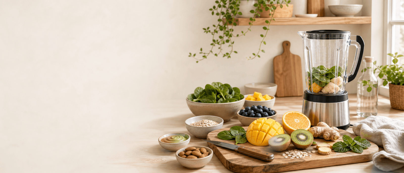 Frische Smoothie-Zutaten werden in einer hellen Küche vorbereitet