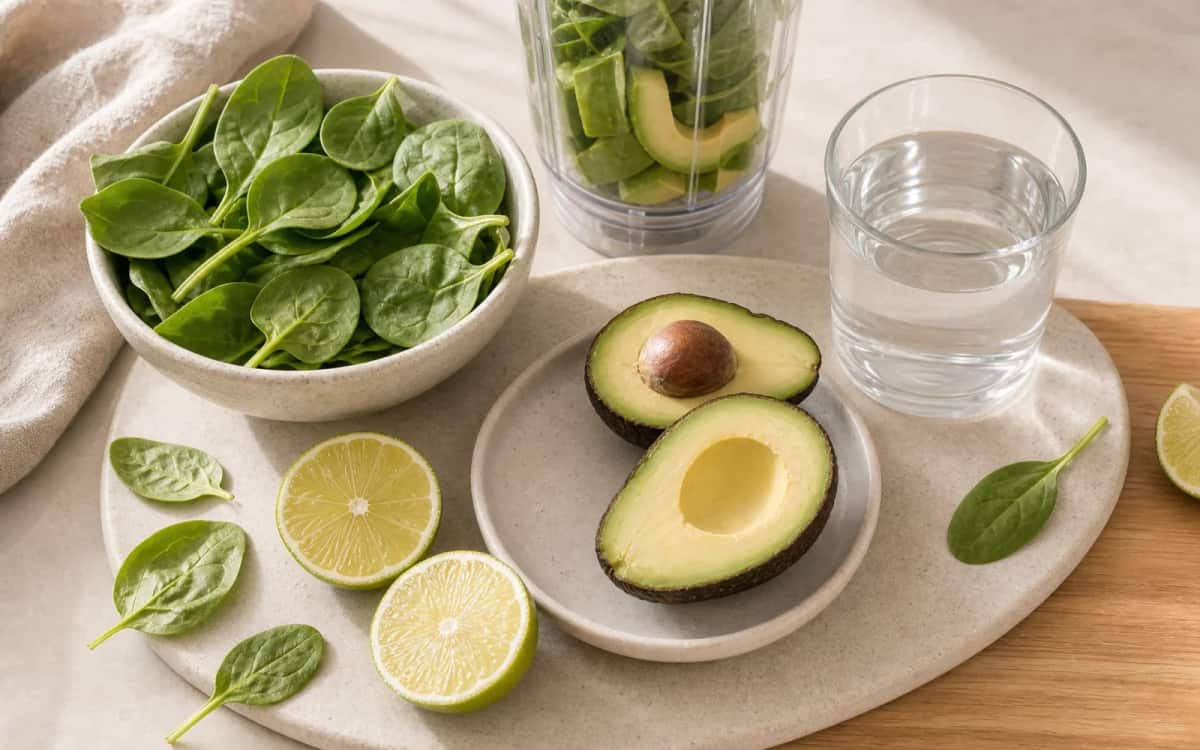 Detox-Moment am Morgen – optimaler Start in den Tag Smoothie- und Zutatenbild zu Detox-Moment am Morgen – optimaler Start in den Tag