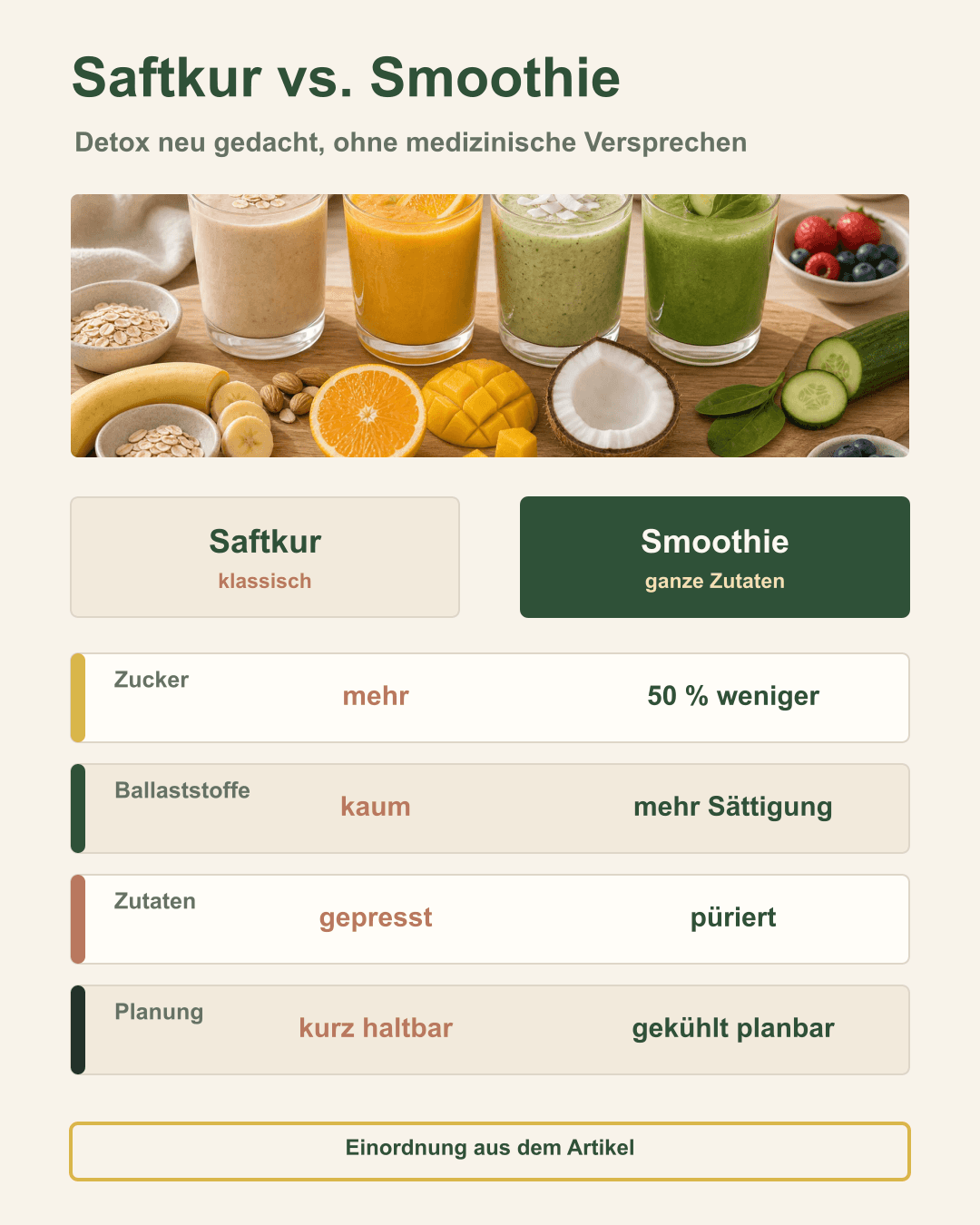 Detox neu gedacht – weniger Zucker, mehr Ballaststoffe Vergleich zwischen klassischer Saftkur und moderner Smoothie-Kur