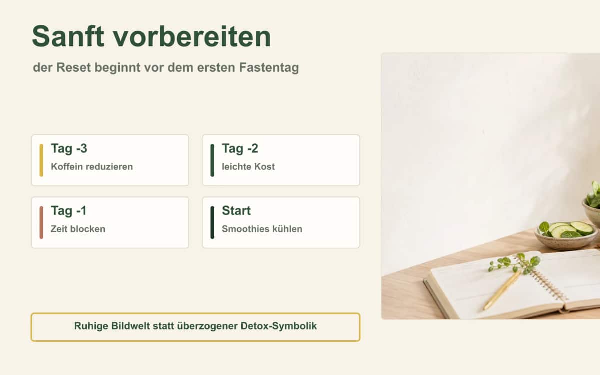 Sanft vorbereiten – Detox beginnt mental Vorbereitungsplan für drei Tage Smoothie-Kur mit ruhiger Bildwelt