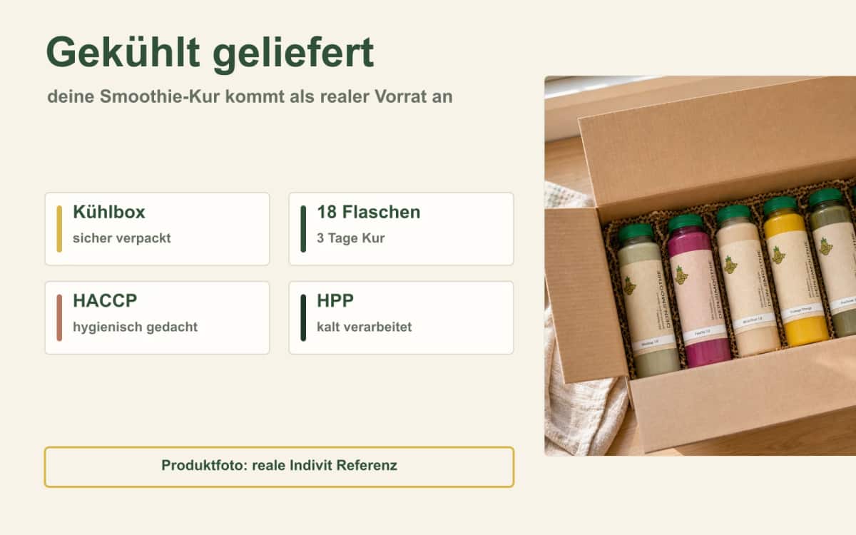 Frisch geliefert – deine Smoothie-Kur in Bio-Qualität Gekühlt gelieferte Indivit Smoothie-Box mit realen Flaschen
