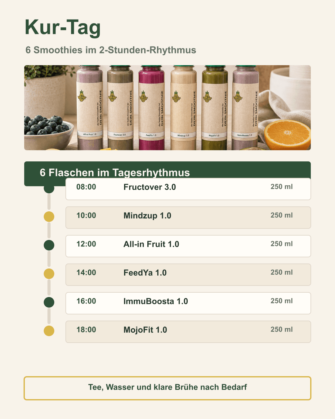 Dein täglicher Detox-Begleiter im 2-Stunden-Rhythmus Tagesverlauf einer Smoothie-Kur mit sechs Indivit Smoothies und Uhrzeiten