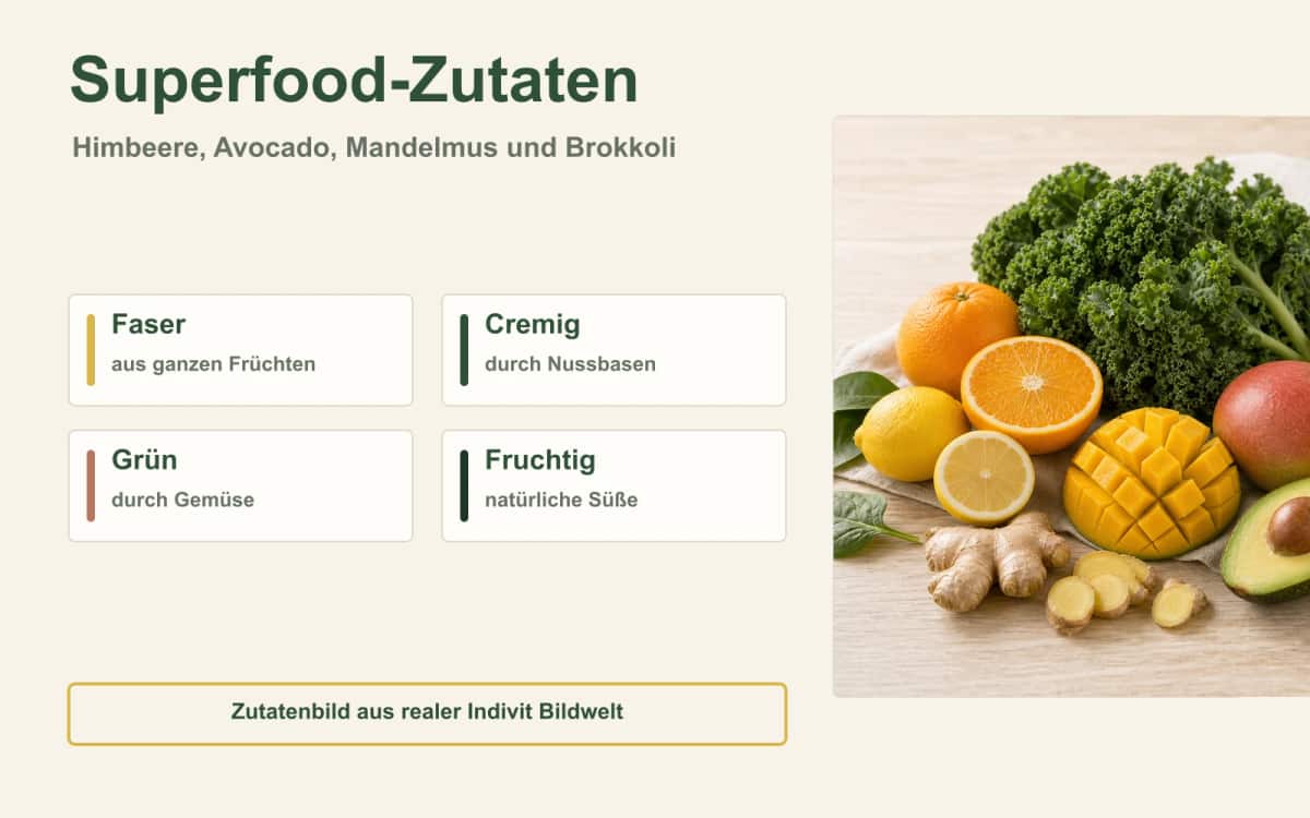 Nährstoffreiche Zutaten für deine Kur Bio-Zutaten wie Avocado, Orange, Mango und Blattgrün für Smoothies