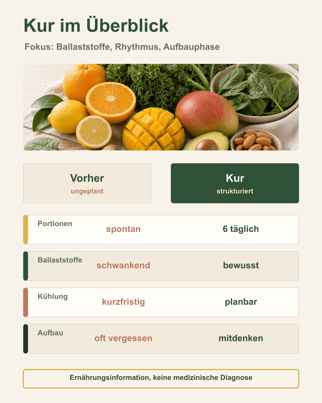 Effektivität der Kur im Überblick Infografik zur 5-Tage-Smoothie-Kur mit Fokus auf Portionen, Ballaststoffe und Aufbauphase