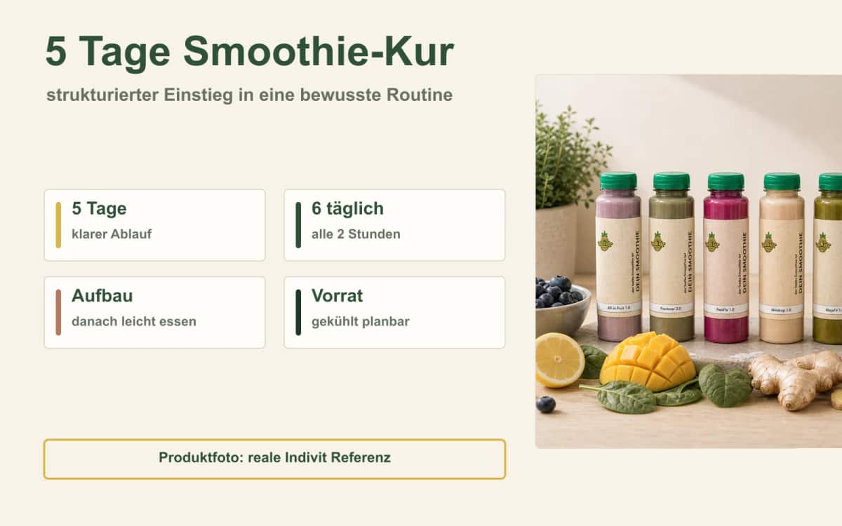 Smoothie Fastenkur für Darmgesundheit und bewusstes Leben Fünf Tage Smoothie-Kur mit realen Indivit Smoothie-Flaschen