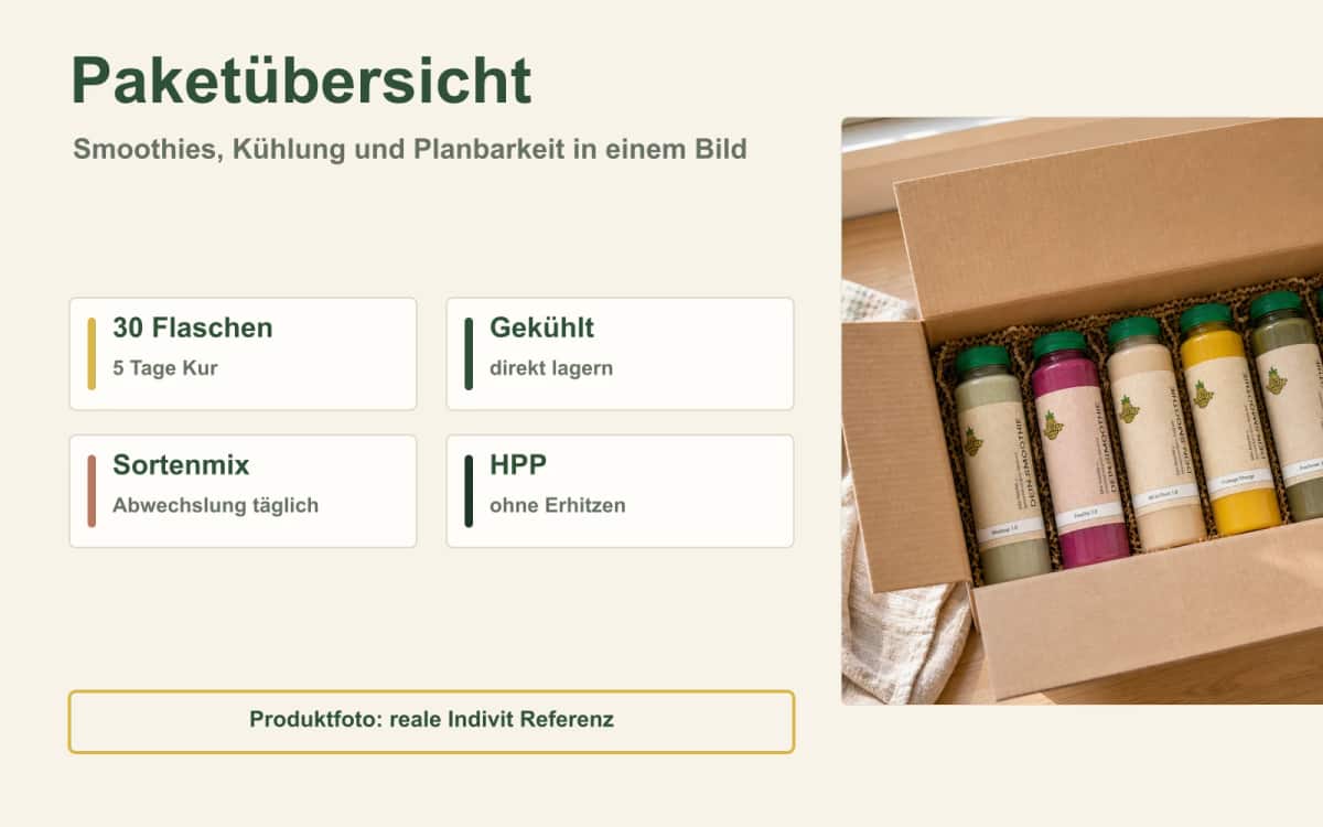 Dein 5-Tage-Fastenpaket im Überblick Indivit Smoothie-Paketübersicht mit realen Flaschen in gekühlter Box
