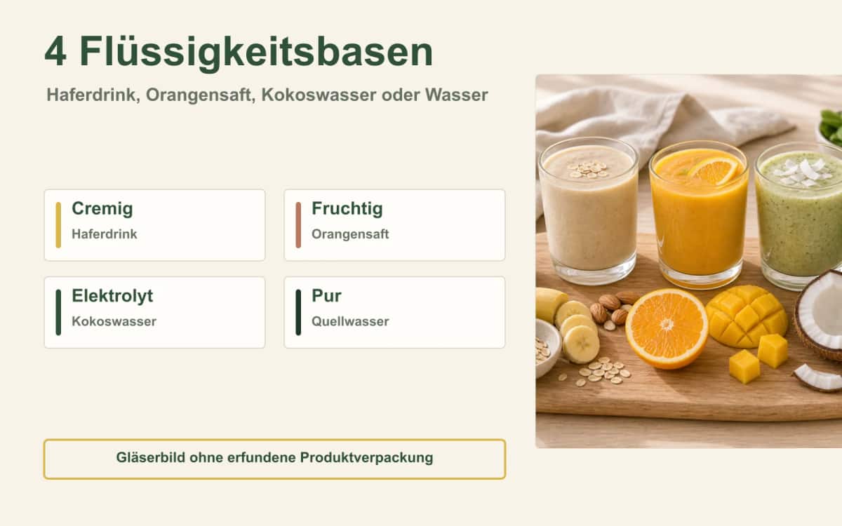 Auswahl der Flüssigkeitsbasis für deine Fastenkur Vier Flüssigkeitsbasen mit Haferdrink, Orangensaft, Kokoswasser und Quellwasser