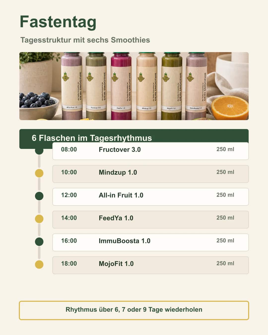 So läuft dein Fastentag mit 6 Smoothies ab Tagesstruktur einer Fastenkur mit sechs Indivit Smoothies im Rhythmus
