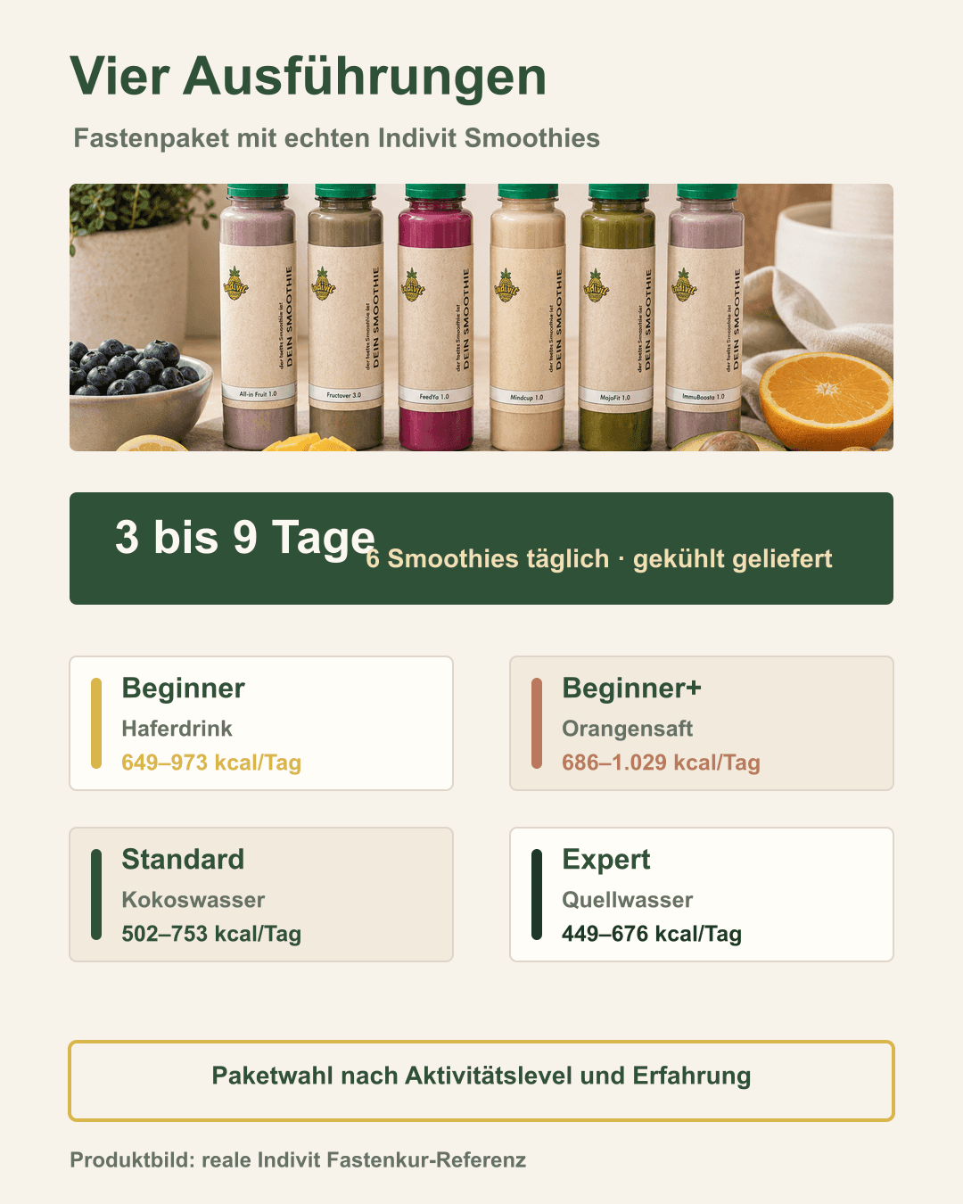 Smoothie-Pakete im Vergleich – von Beginner bis Expert Vier Fastenpaket-Varianten mit Haferdrink, Orangensaft, Kokoswasser und Quellwasser