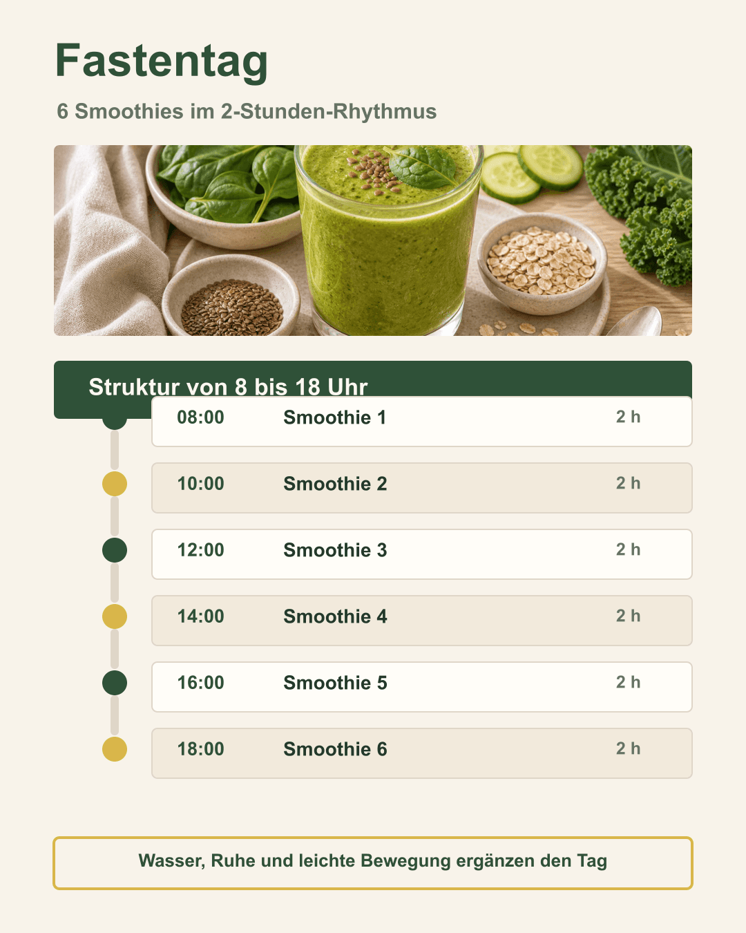 Smoothie-Zeitplan für eine strukturierte Fastenkur Tagesplan mit 6 Smoothies im 2-Stunden-Rhythmus von 8 bis 18 Uhr