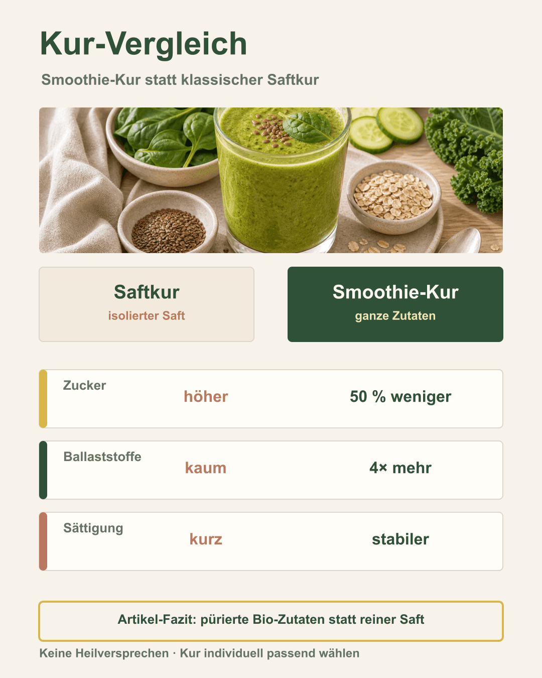 Smoothie-Kur oder Saftkur? Die wichtigsten Unterschiede im Überblick Vergleich zwischen Smoothie-Kur und Saftfasten mit Zutaten und Effekten