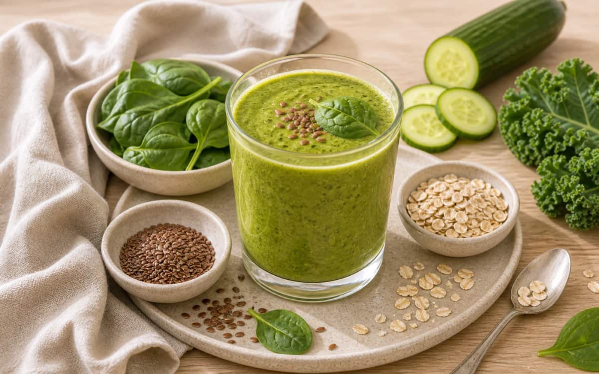 Smoothie-Kur mit natürlicher Sättigung durch Ballaststoffe Grüner Smoothie mit Ballaststoffquellen wie Leinsamen und Hafer