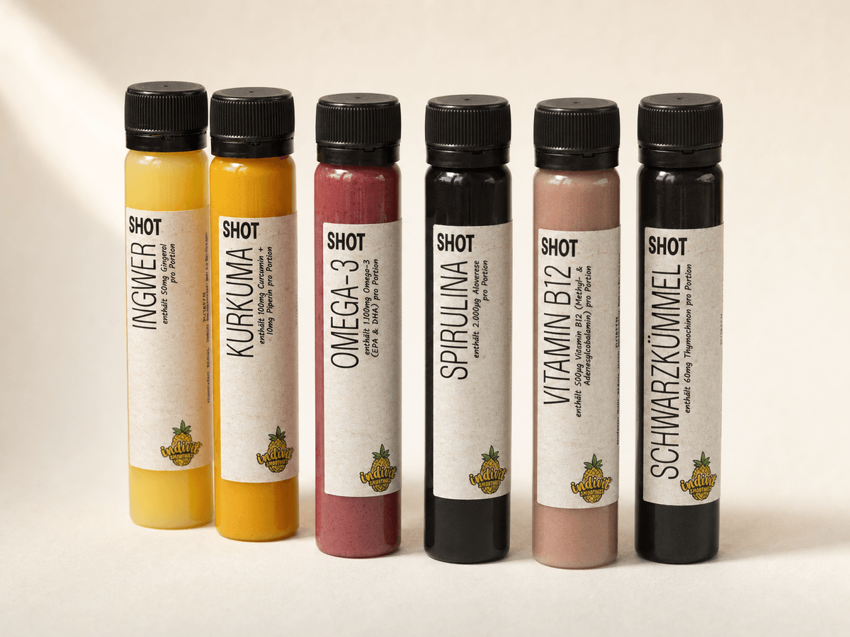 Shot Collection mit Ingwer, Kurkuma, Omega-3, Spirulina, Vitamin B12 und Schwarzkümmel