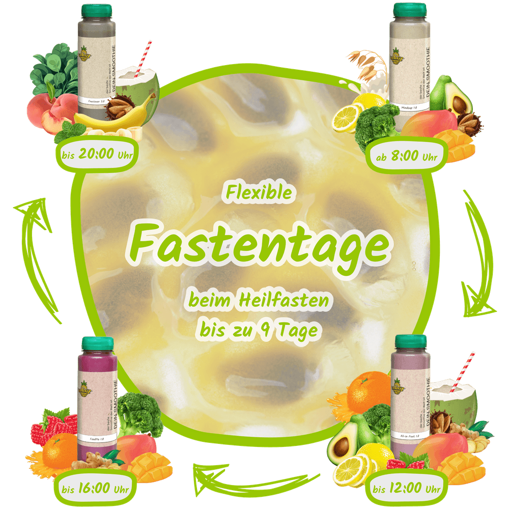 Smoothie Fastenkur Box mit zeitlichem Ablauf für einen Fastentag bei neun Fastentagen