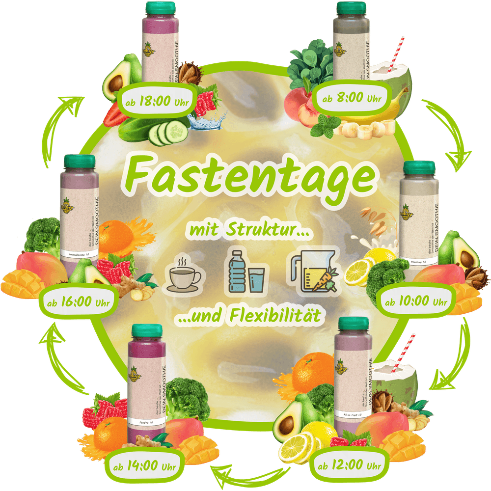 Smoothie Fastenkur Box mit zeitlichem Ablauf für einen Fastentag bei sechs Fastentagen