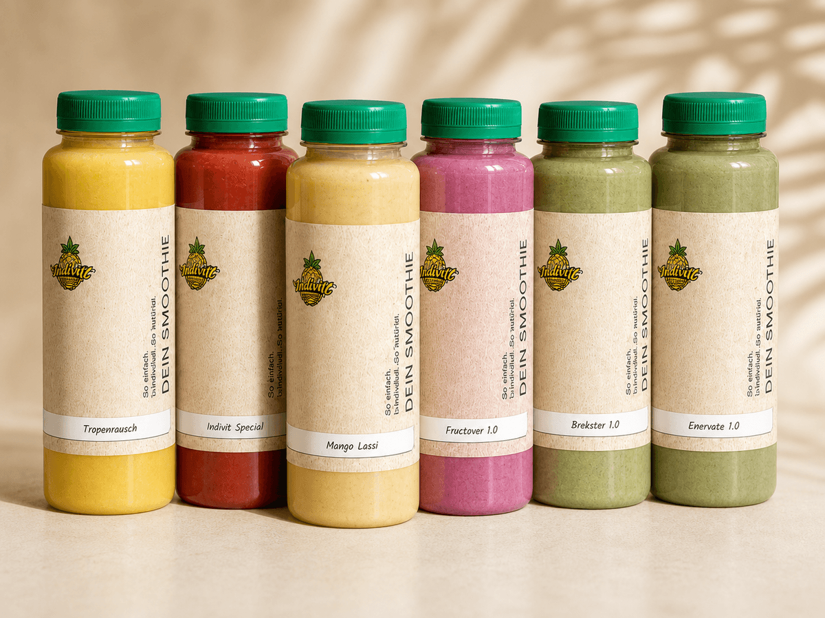 Die sechs Smoothie-Sorten des Starterpakets von fruchtig bis grün