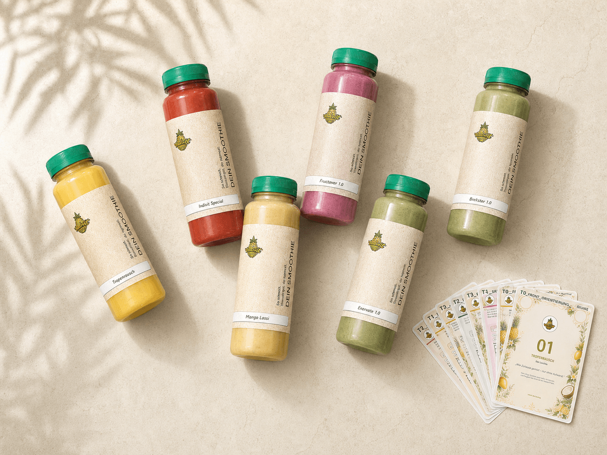 Smoothie Starterpaket mit sechs Sorten und Tasting-Karten aus der Vogelperspektive