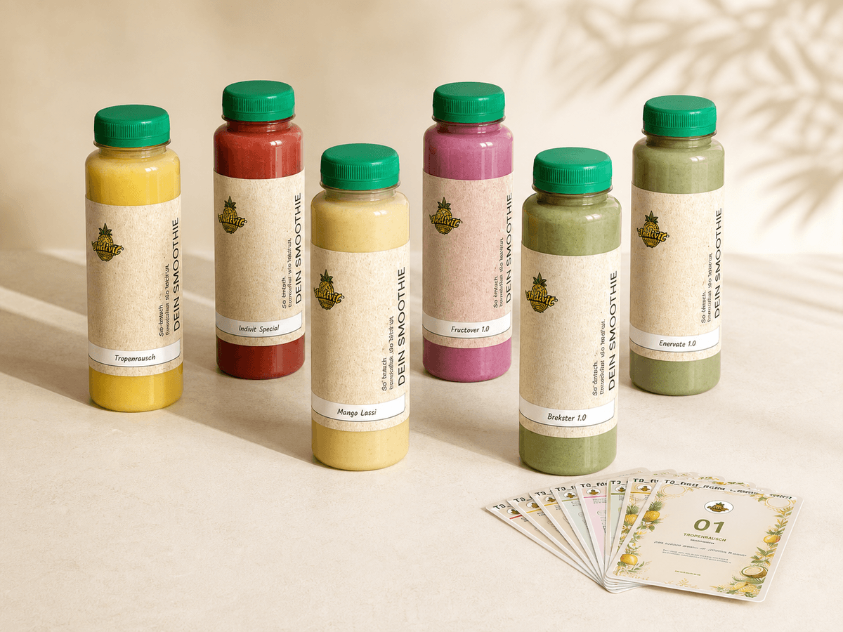 Sechs Smoothies des Starterpakets mit den zugehörigen Tasting-Karten