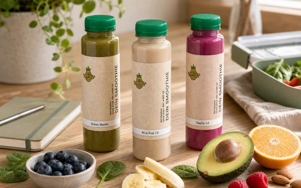 Smoothie als schneller Mahlzeitenersatz für unterwegs Indivit Trinkmahlzeiten mit Lunchbox und frischen Zutaten im Alltag
