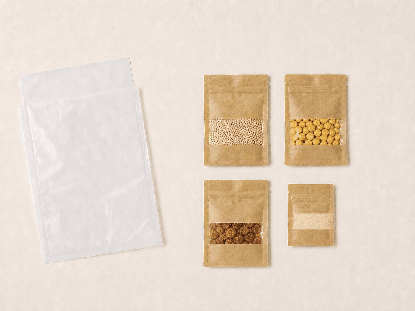 Tütchenansicht Active Gold mit Quinoa, Kichererbsen und Goldenberrys in großen sowie Baobab in einem kleinen Kraftpapierbeutel