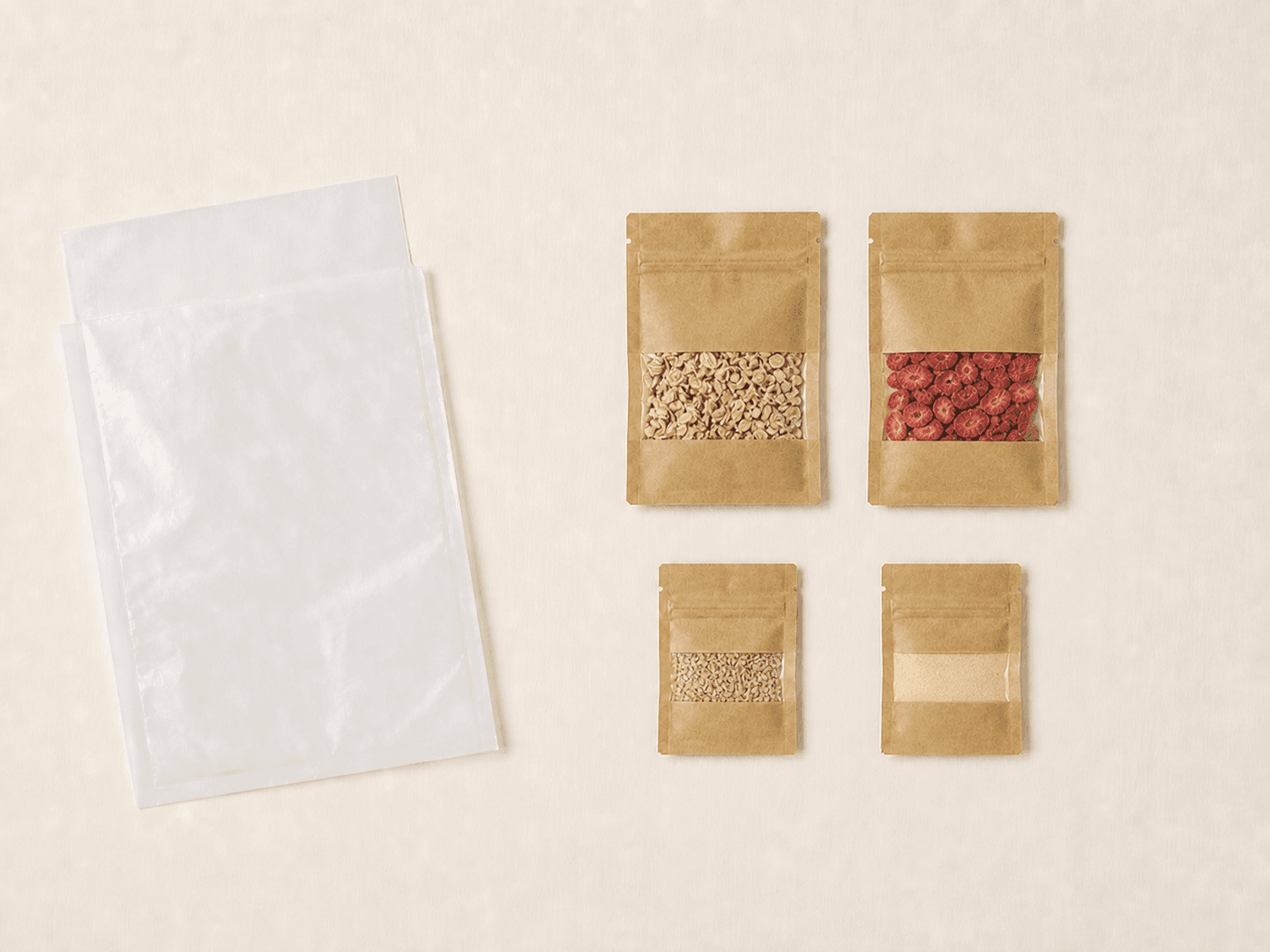 Tütchenansicht Morgenröte mit Granola und Erdbeere in großen sowie Hanfsamen und Lucuma in kleinen Kraftpapierbeuteln