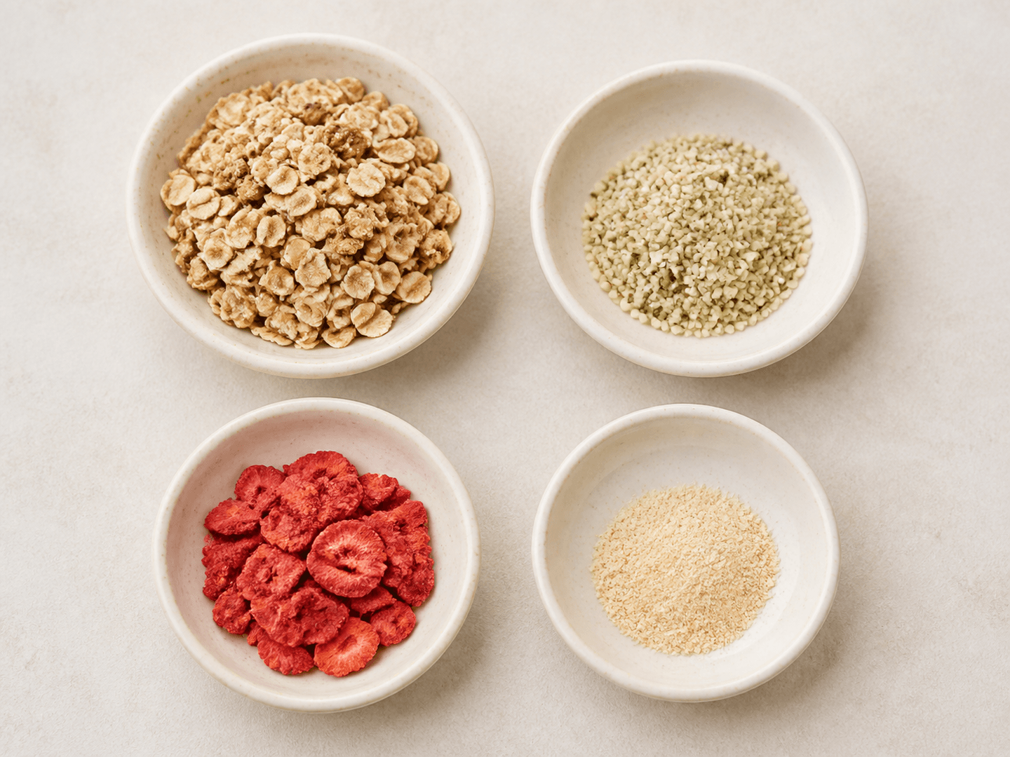 Morgenröte mit Granola, Hanfsamen, gefriergetrockneter Erdbeere und Lucuma-Pulver