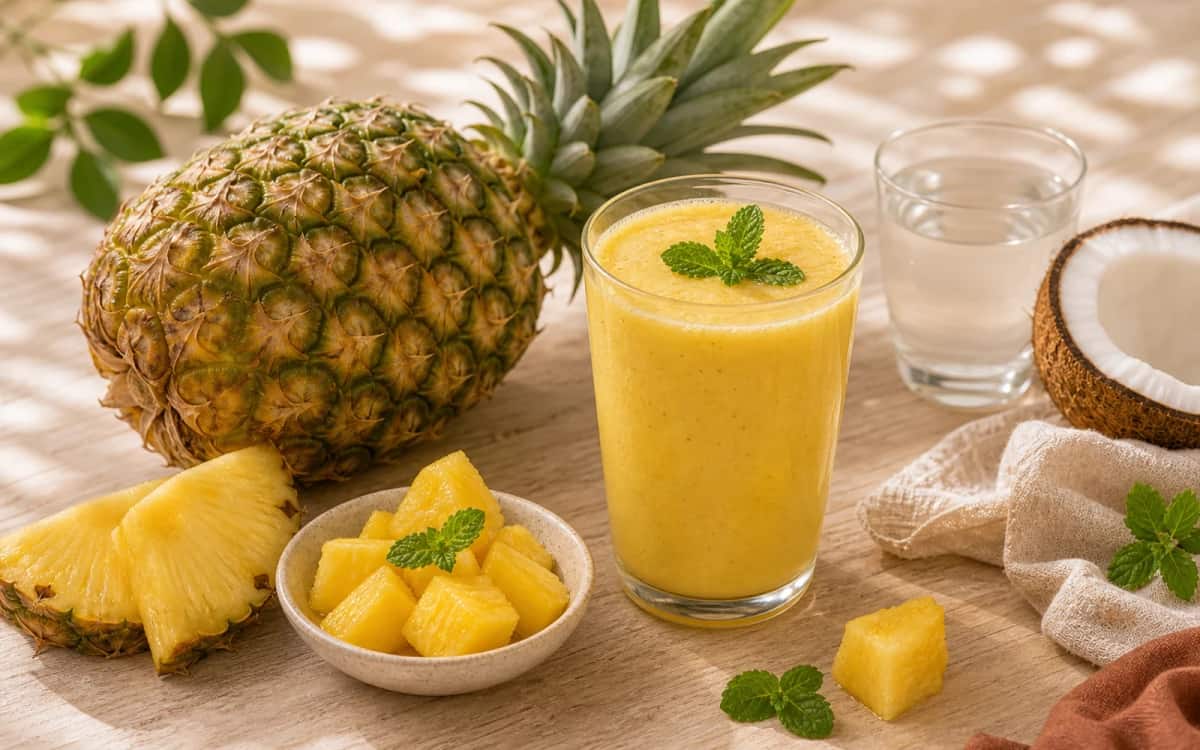 Detox Smoothie mit Ananas – ideal für den Reboot-Effekt Smoothie- und Zutatenbild zu Detox Smoothie mit Ananas – ideal für den Reboot-Effekt