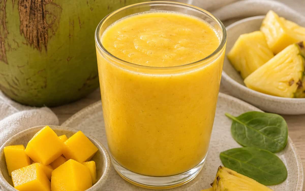Exotischer Smoothie auf tropischem Blatt serviert Smoothie- und Zutatenbild zu Exotischer Smoothie auf tropischem Blatt serviert