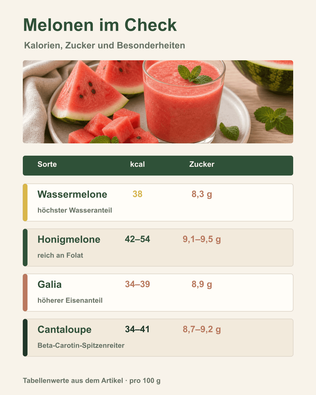 Melonen im Vergleich: Farbe, Form, Kalorien Wassermelone, Honigmelone, Cantaloupe und Galiamelone nebeneinander